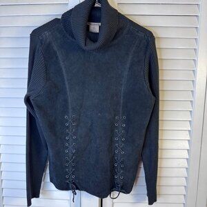 Escapade large Black Ribbed Knit & Suede-Like Lace-Up Sweater Top With Cowl Neck